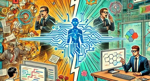 DALL·E 2025-01-05 14.11.40 - A vibrant comic-style illustration for a blog article. The scene depicts two contrasting sides_ on the left, a cluttered and chaotic workspace with fr